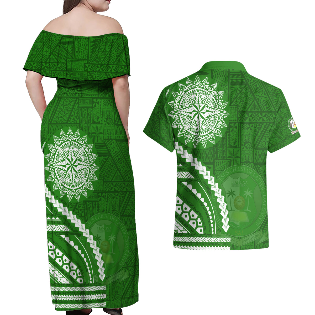 Liahona High School Couples Matching Off Shoulder Maxi Dress and Hawaiian Shirt Ngatu and Polynesian Pattern