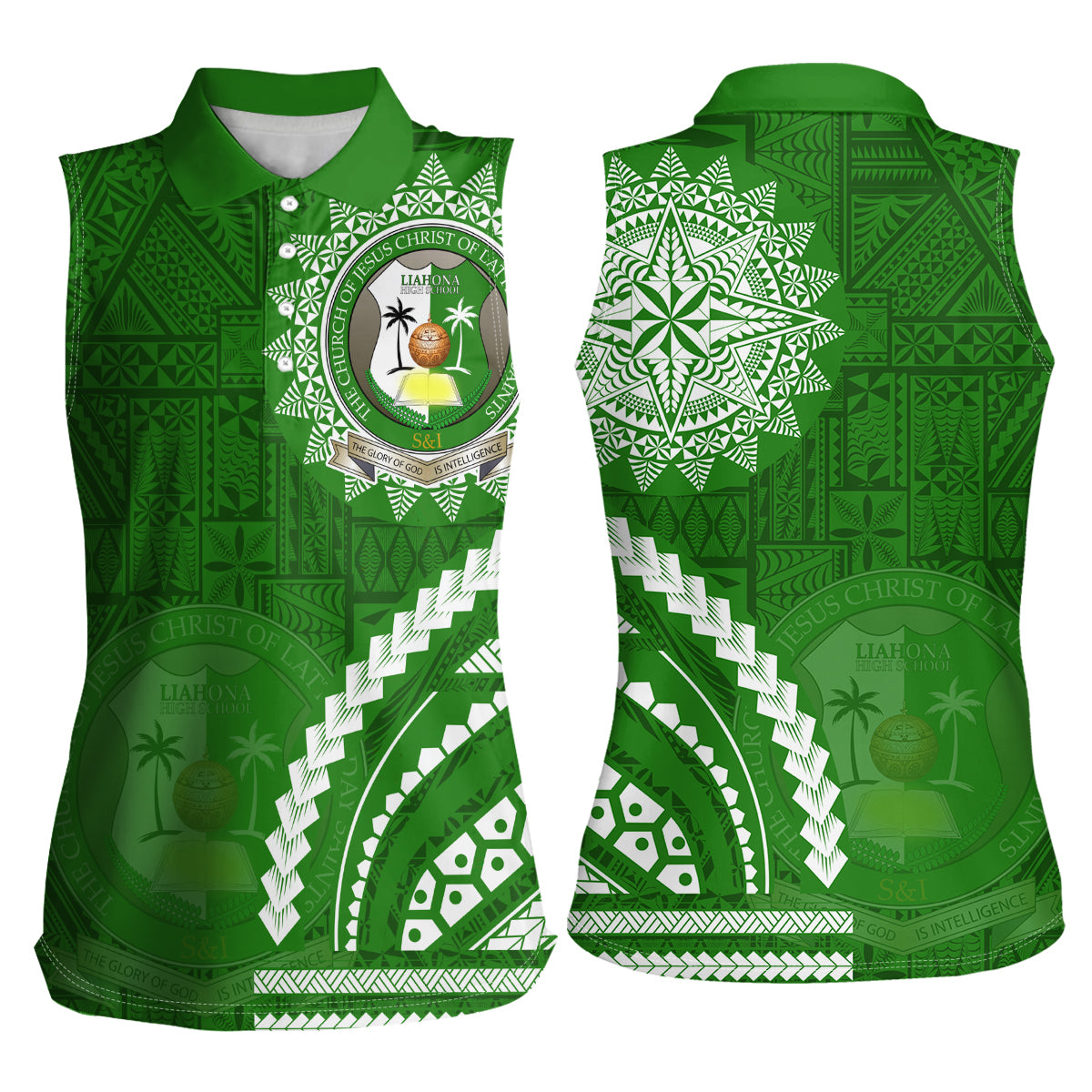 Liahona High School Women Sleeveless Polo Shirt Ngatu and Polynesian Pattern