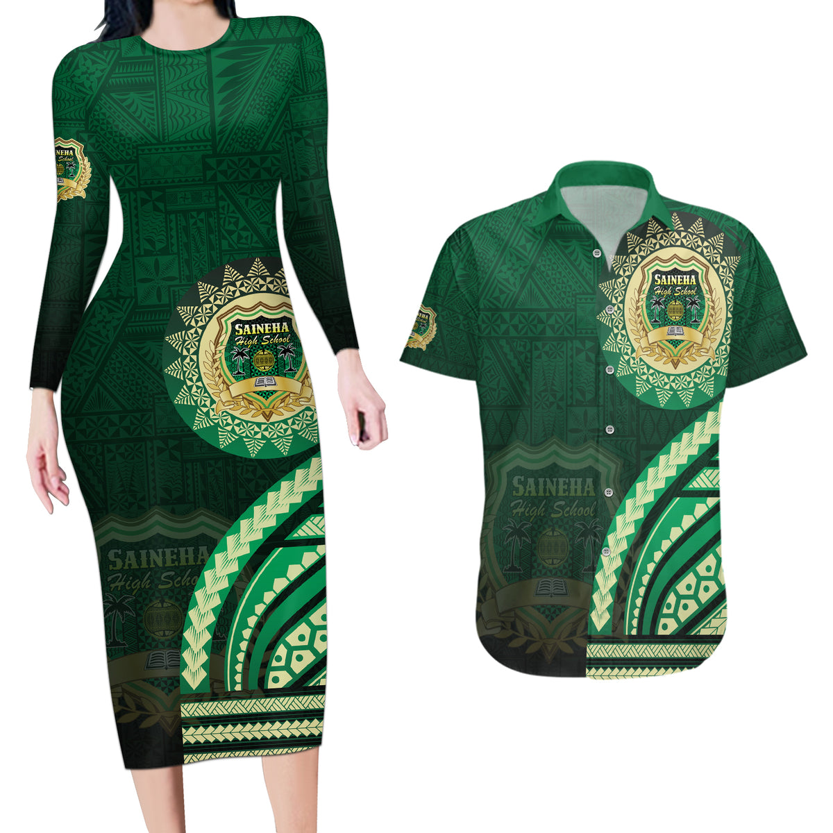 Saineha High School Couples Matching Long Sleeve Bodycon Dress and Hawaiian Shirt Ngatu and Polynesian Pattern LT03 Green - Polynesian Pride