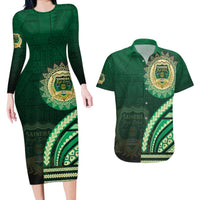 Saineha High School Couples Matching Long Sleeve Bodycon Dress and Hawaiian Shirt Ngatu and Polynesian Pattern LT03 Green - Polynesian Pride