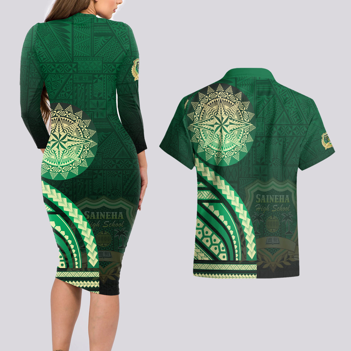 Saineha High School Couples Matching Long Sleeve Bodycon Dress and Hawaiian Shirt Ngatu and Polynesian Pattern LT03 - Polynesian Pride