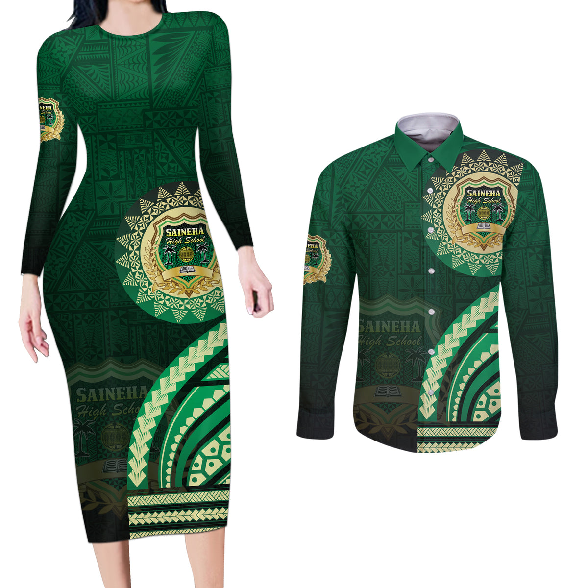 Saineha High School Couples Matching Long Sleeve Bodycon Dress and Long Sleeve Button Shirt Ngatu and Polynesian Pattern