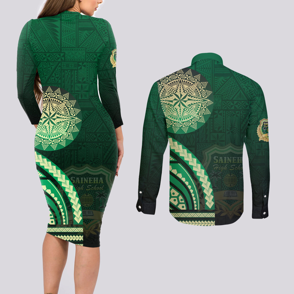 Saineha High School Couples Matching Long Sleeve Bodycon Dress and Long Sleeve Button Shirt Ngatu and Polynesian Pattern