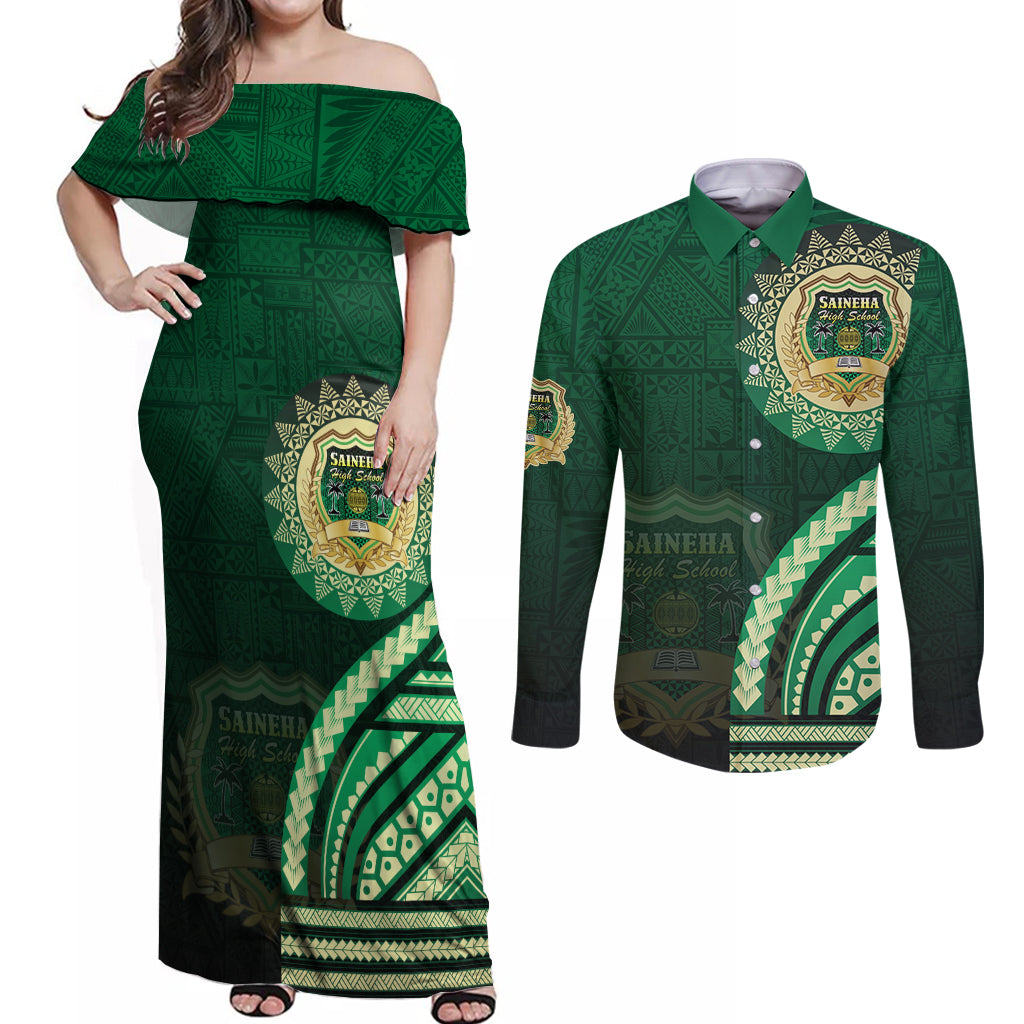Saineha High School Couples Matching Off Shoulder Maxi Dress and Long Sleeve Button Shirt Ngatu and Polynesian Pattern