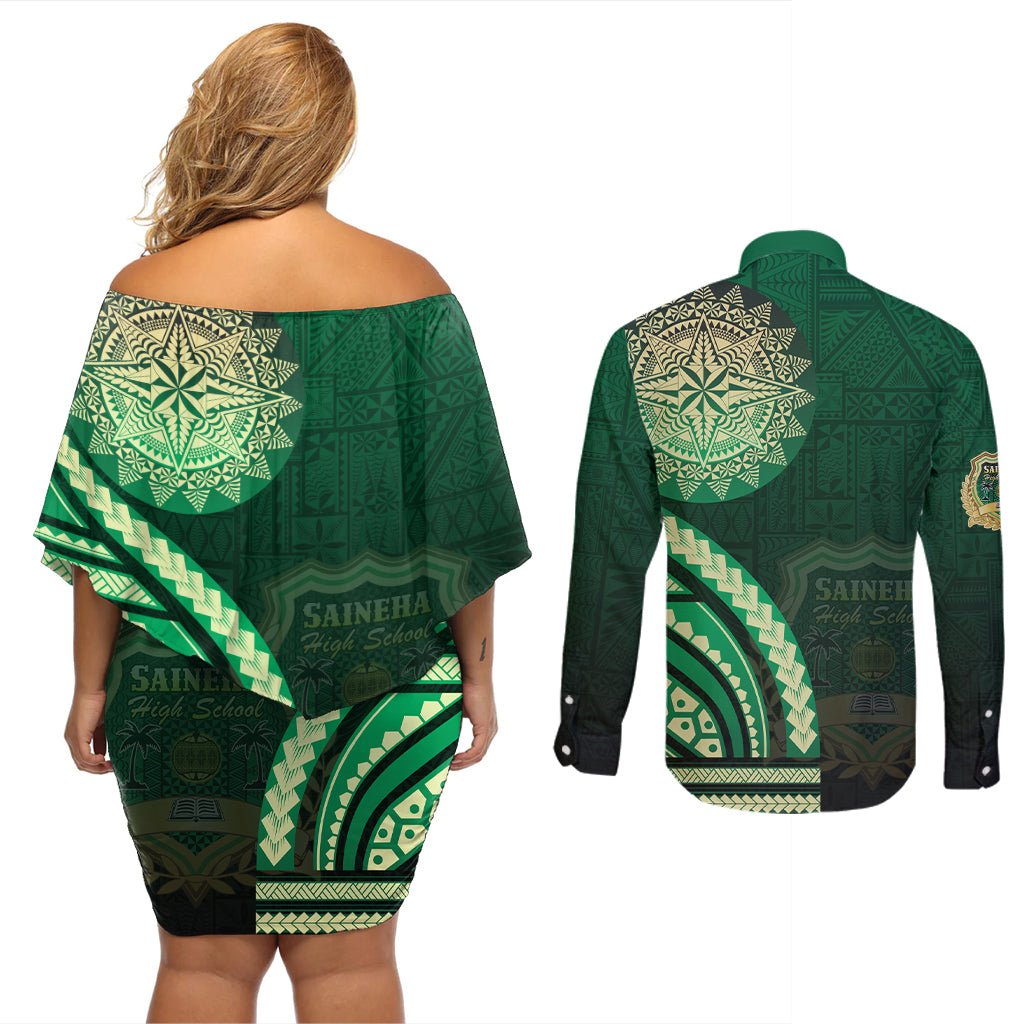 Saineha High School Couples Matching Off Shoulder Short Dress and Long Sleeve Button Shirt Ngatu and Polynesian Pattern