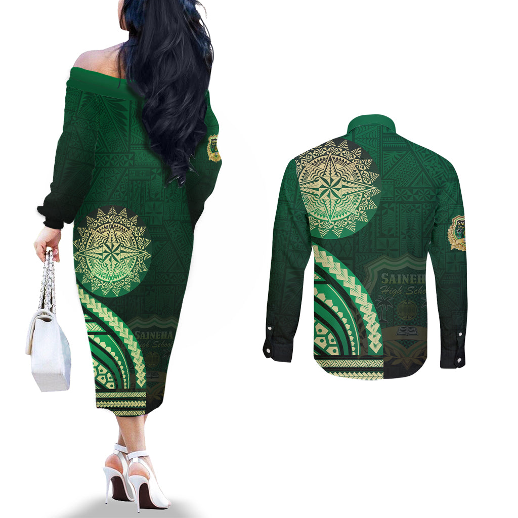 Saineha High School Couples Matching Off The Shoulder Long Sleeve Dress and Long Sleeve Button Shirt Ngatu and Polynesian Pattern