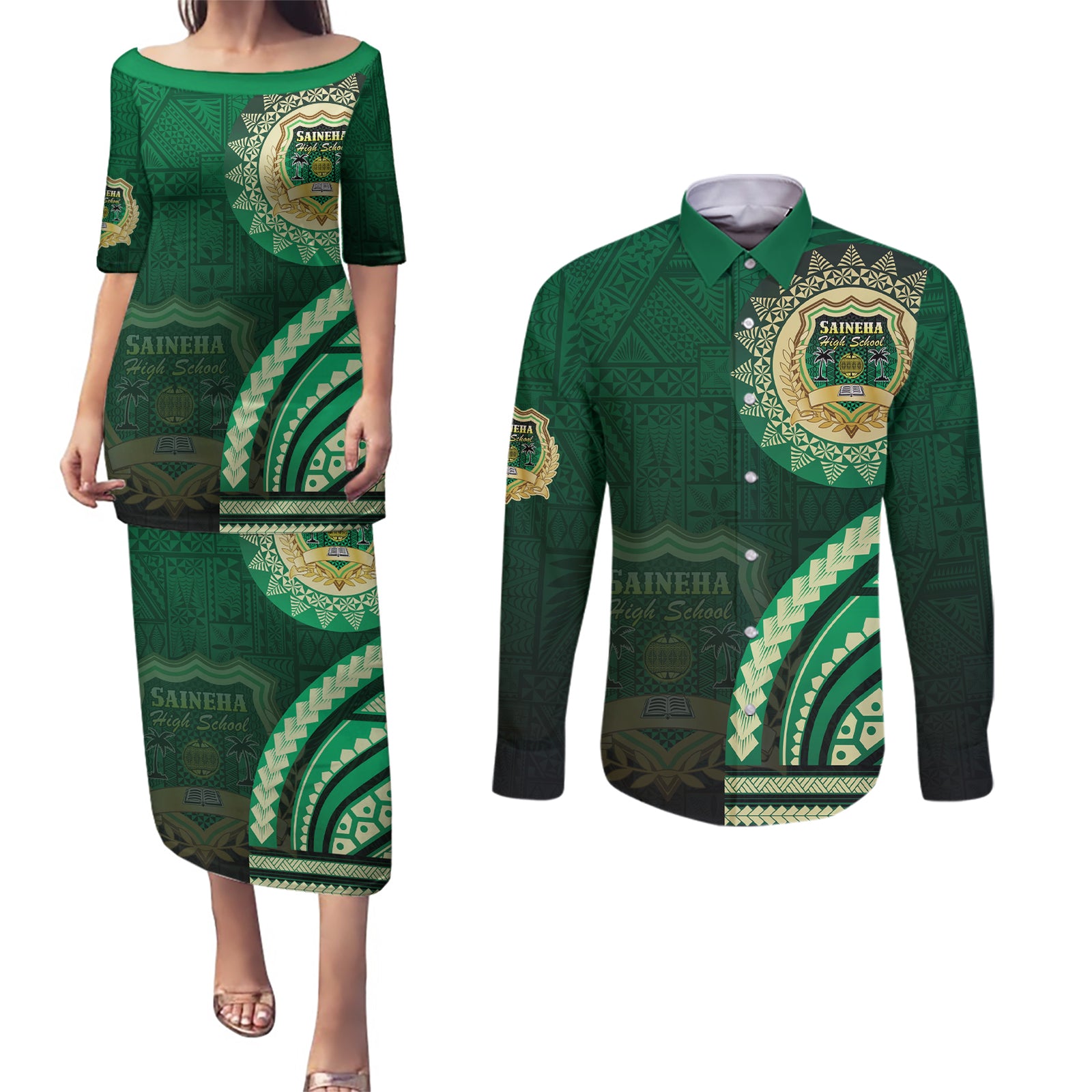 Saineha High School Couples Matching Puletasi and Long Sleeve Button Shirt Ngatu and Polynesian Pattern