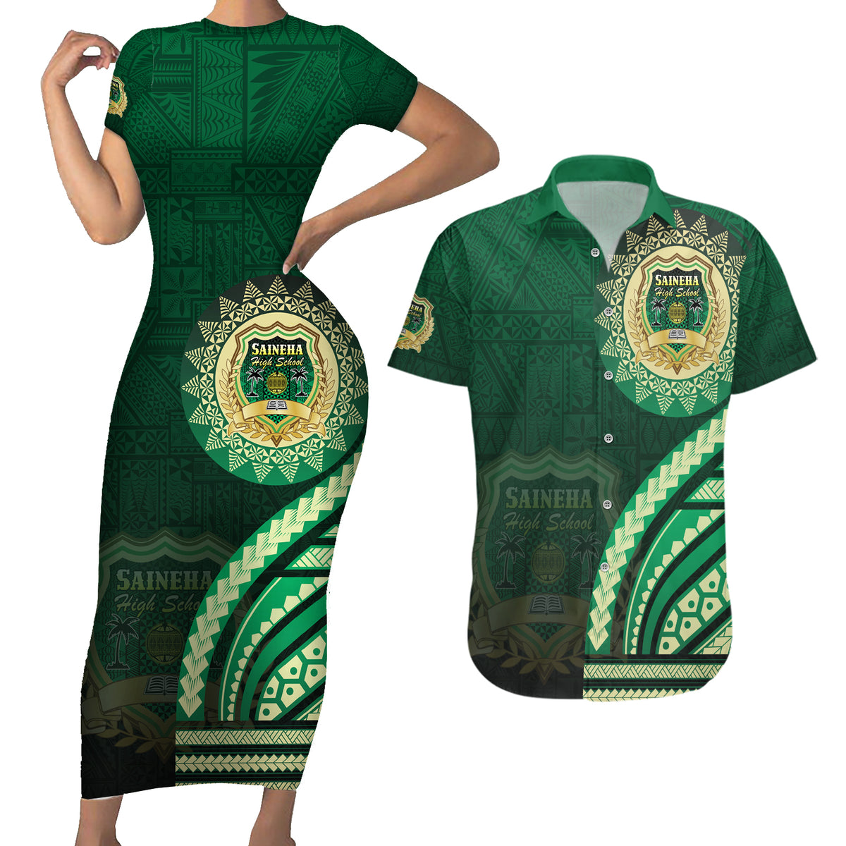 Saineha High School Couples Matching Short Sleeve Bodycon Dress and Hawaiian Shirt Ngatu and Polynesian Pattern LT03 Green - Polynesian Pride
