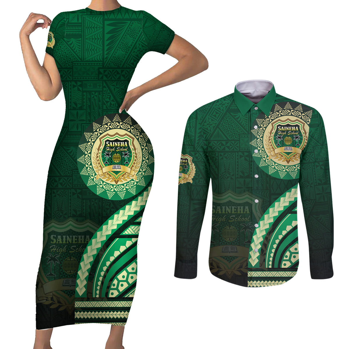 Saineha High School Couples Matching Short Sleeve Bodycon Dress and Long Sleeve Button Shirt Ngatu and Polynesian Pattern