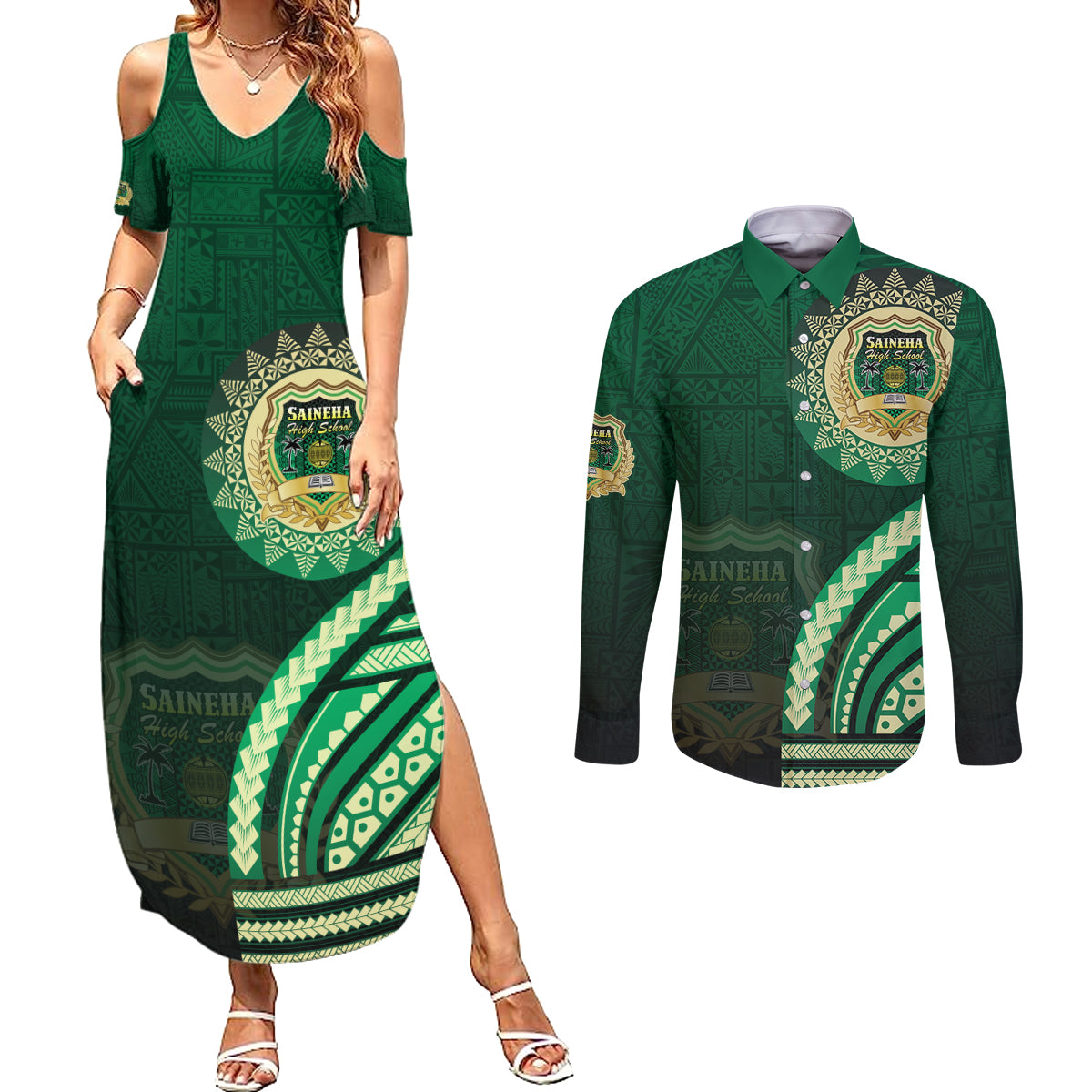 Saineha High School Couples Matching Summer Maxi Dress and Long Sleeve Button Shirt Ngatu and Polynesian Pattern