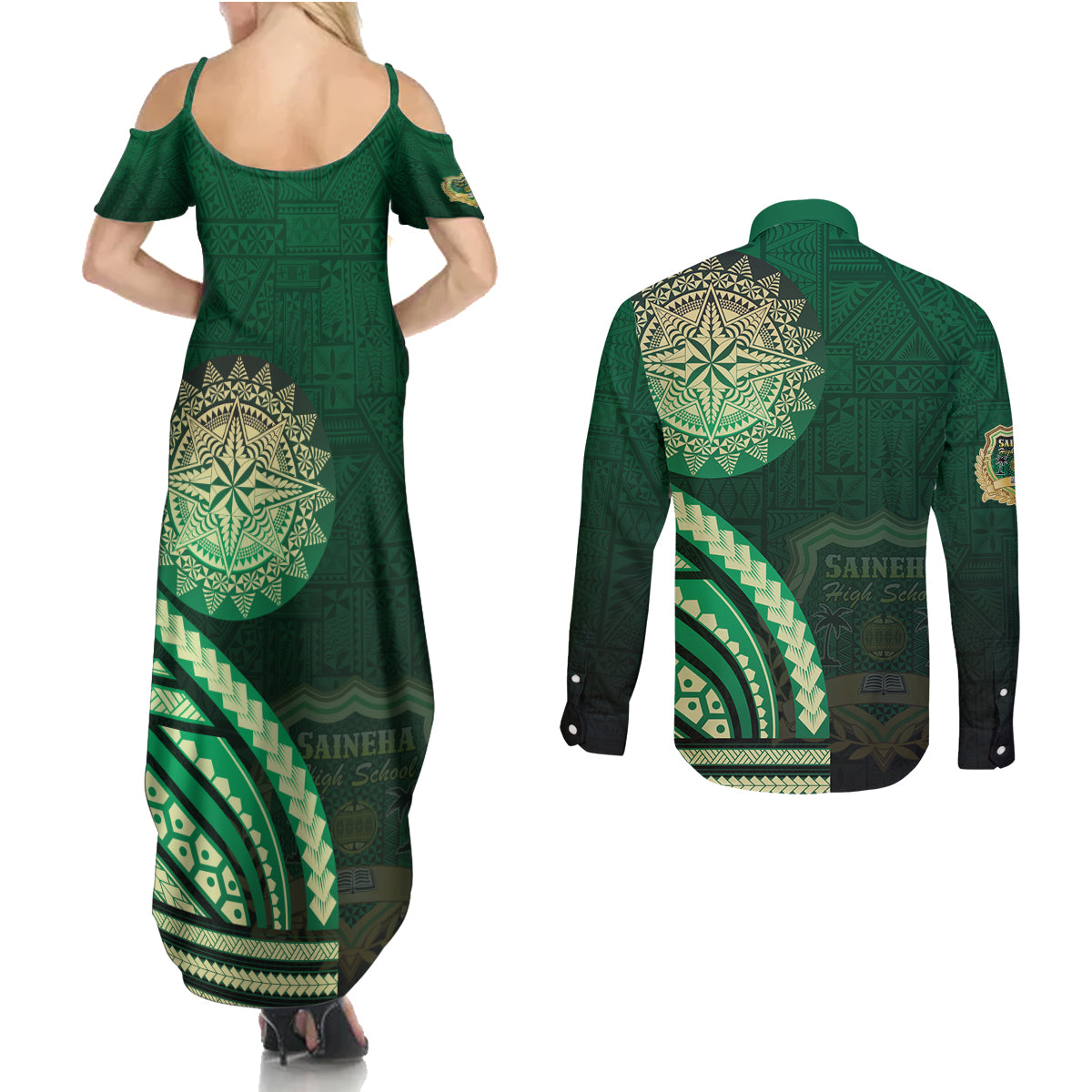 Saineha High School Couples Matching Summer Maxi Dress and Long Sleeve Button Shirt Ngatu and Polynesian Pattern