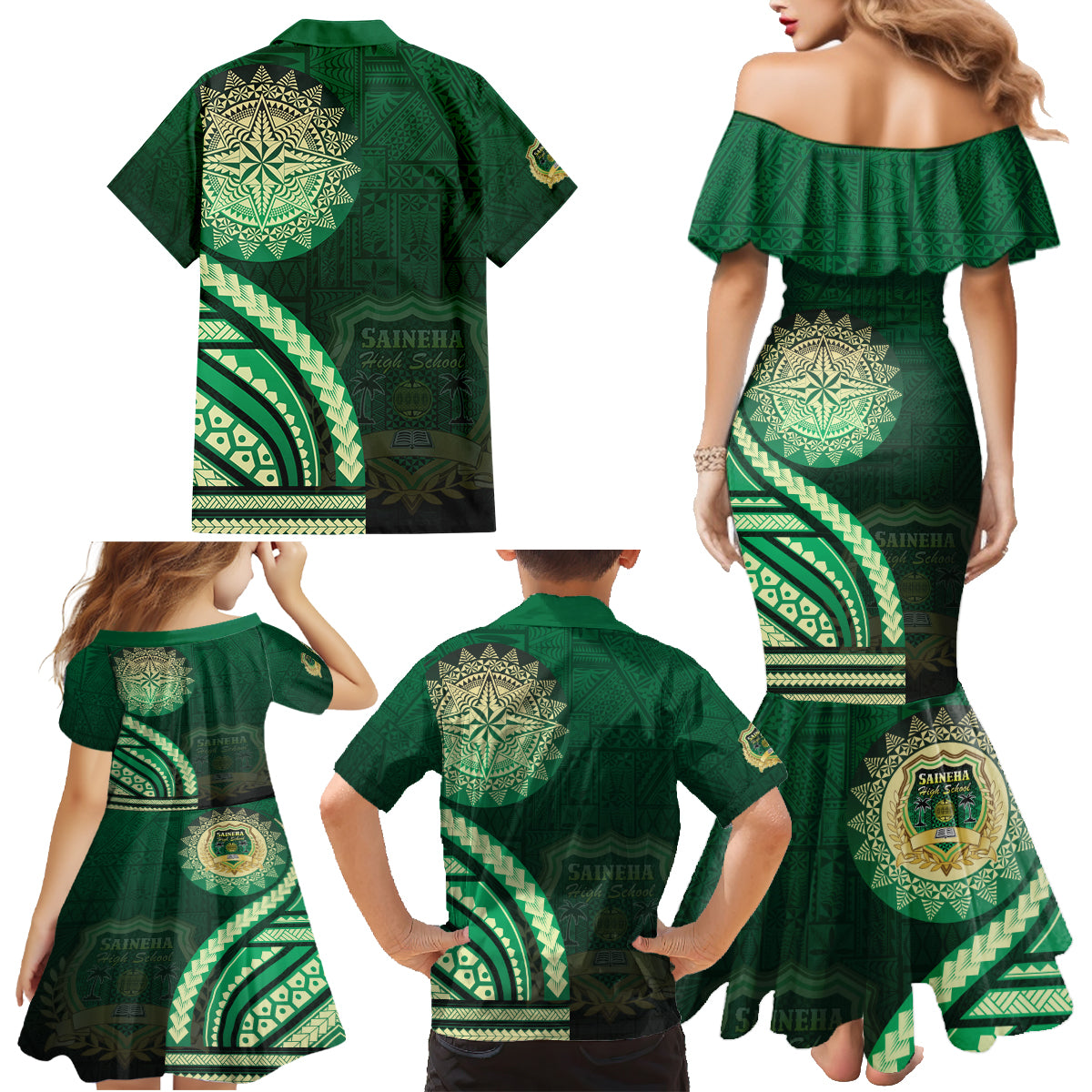 Saineha High School Family Matching Mermaid Dress and Hawaiian Shirt Ngatu and Polynesian Pattern