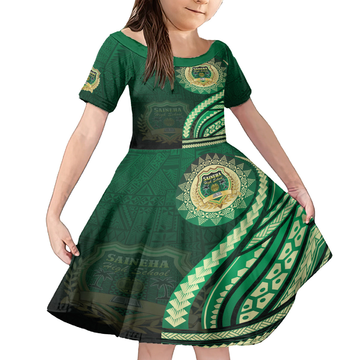 Saineha High School Family Matching Puletasi and Hawaiian Shirt Ngatu and Polynesian Pattern LT03 Daughter's Dress Green - Polynesian Pride