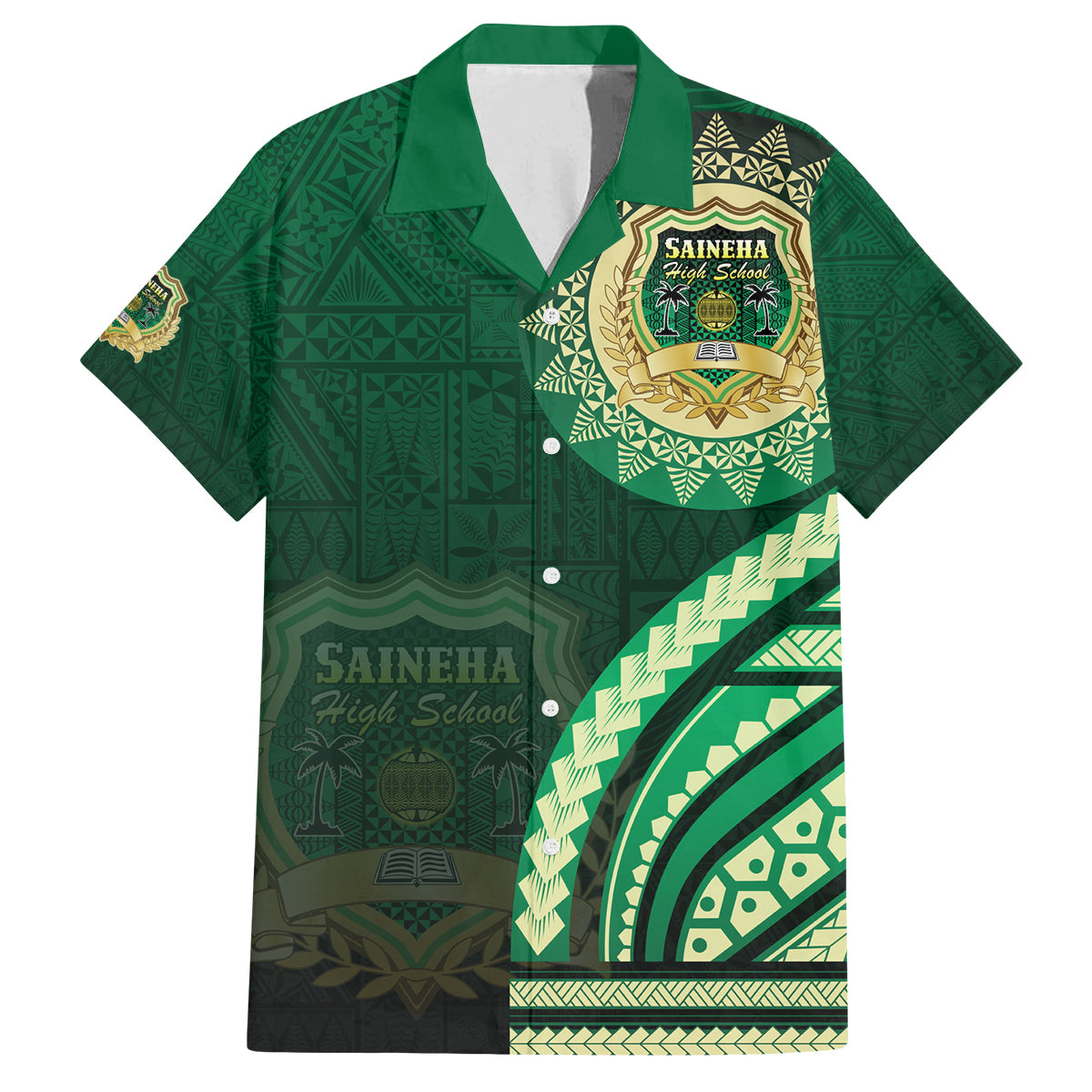 Saineha High School Family Matching Puletasi and Hawaiian Shirt Ngatu and Polynesian Pattern LT03 Dad's Shirt - Short Sleeve Green - Polynesian Pride
