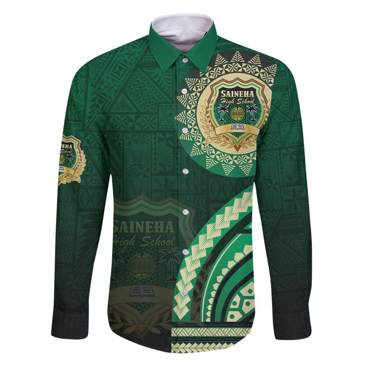 Saineha High School Family Matching Puletasi and Hawaiian Shirt Ngatu and Polynesian Pattern LT03 Dad's Shirt - Long Sleeve Green - Polynesian Pride