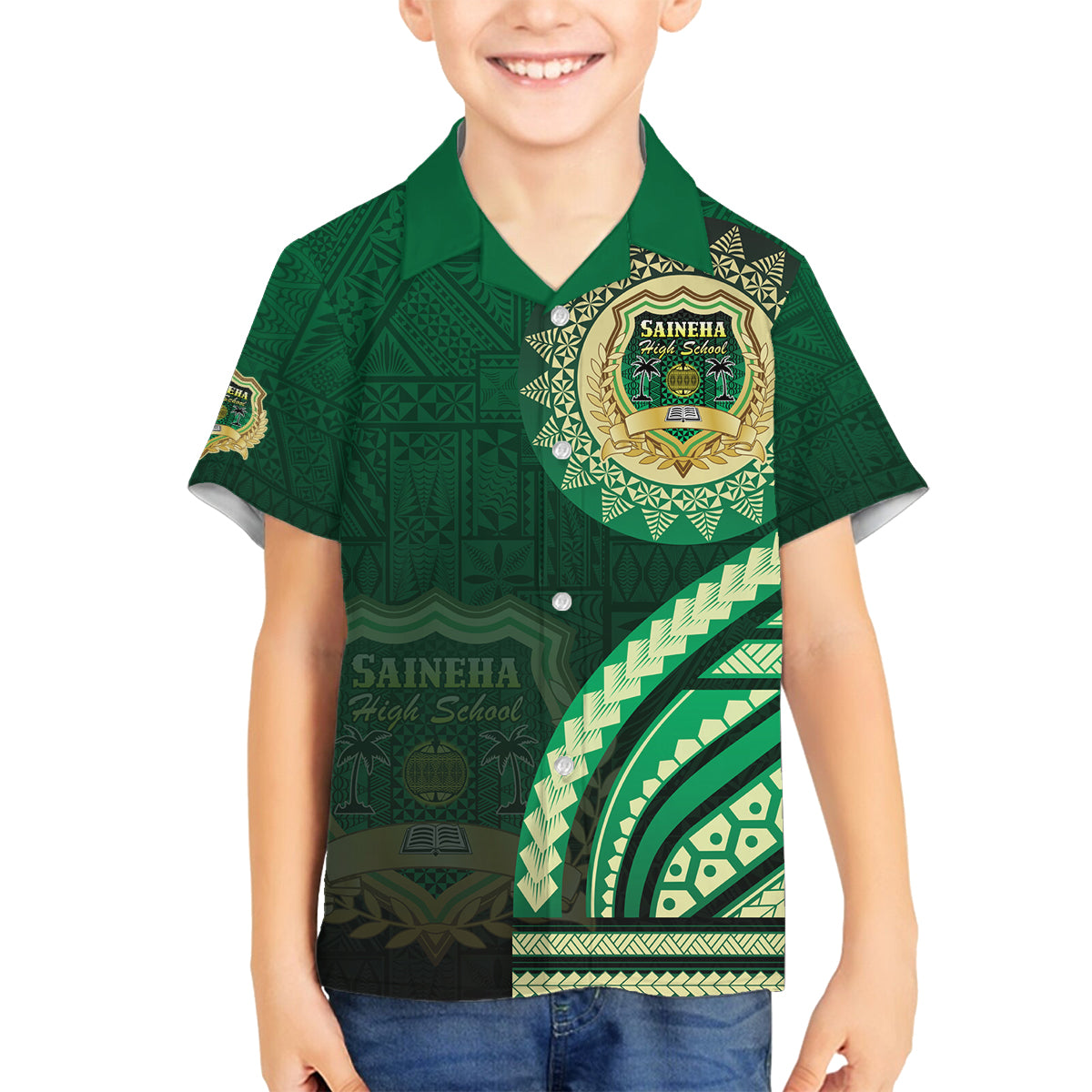 Saineha High School Family Matching Puletasi and Hawaiian Shirt Ngatu and Polynesian Pattern LT03 Son's Shirt Green - Polynesian Pride