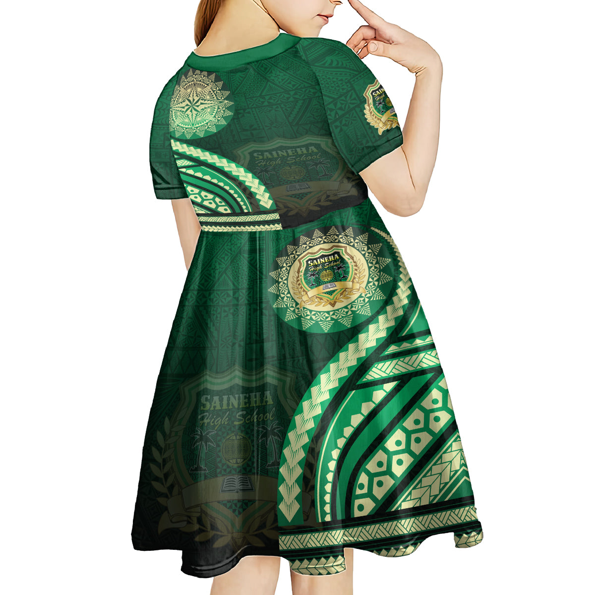 Saineha High School Kid Short Sleeve Dress Ngatu and Polynesian Pattern
