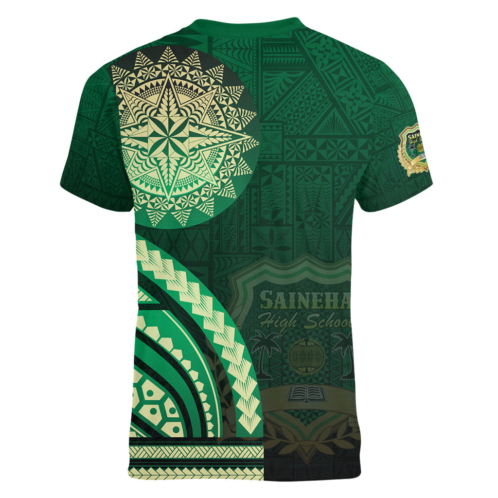 Saineha High School Women V-Neck T-Shirt Ngatu and Polynesian Pattern