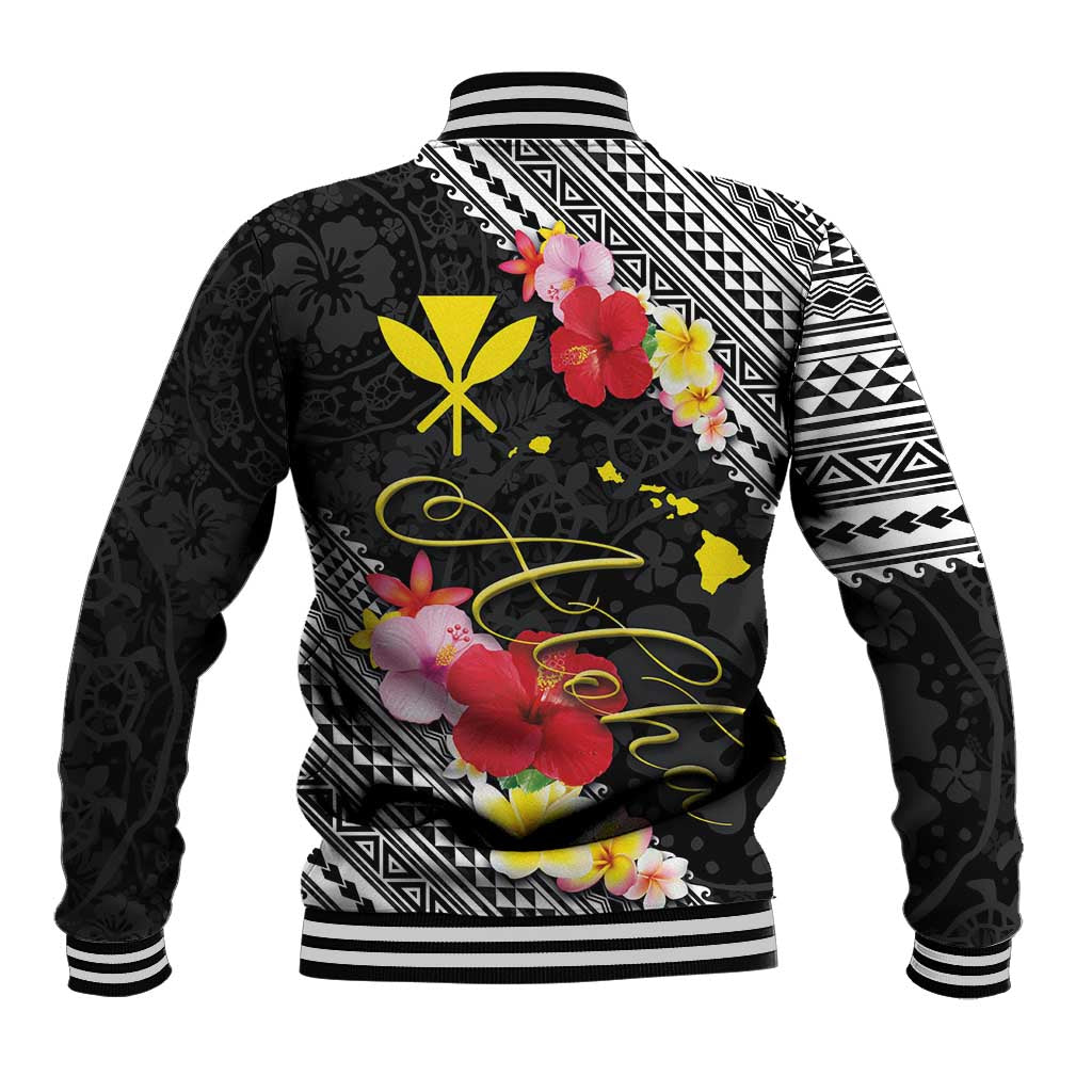 Aloha Hawaii Hibiscus and Plumeria Flowers Baseball Jacket Kanaka Maoli Tattoo Polynesian Pattern