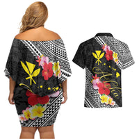 Aloha Hawaii Hibiscus and Plumeria Flowers Couples Matching Off Shoulder Short Dress and Hawaiian Shirt Kanaka Maoli Tattoo Polynesian Pattern