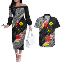 Aloha Hawaii Hibiscus and Plumeria Flowers Couples Matching Off The Shoulder Long Sleeve Dress and Hawaiian Shirt Kanaka Maoli Tattoo Polynesian Pattern