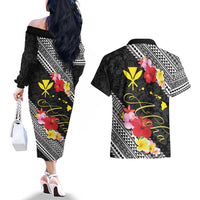 Aloha Hawaii Hibiscus and Plumeria Flowers Couples Matching Off The Shoulder Long Sleeve Dress and Hawaiian Shirt Kanaka Maoli Tattoo Polynesian Pattern