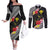 Aloha Hawaii Hibiscus and Plumeria Flowers Couples Matching Off The Shoulder Long Sleeve Dress and Long Sleeve Button Shirt Kanaka Maoli Tattoo Polynesian Pattern