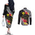 Aloha Hawaii Hibiscus and Plumeria Flowers Couples Matching Off The Shoulder Long Sleeve Dress and Long Sleeve Button Shirt Kanaka Maoli Tattoo Polynesian Pattern