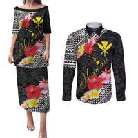 Aloha Hawaii Hibiscus and Plumeria Flowers Couples Matching Puletasi and Long Sleeve Button Shirt Kanaka Maoli Tattoo Polynesian Pattern