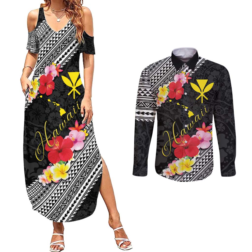 Aloha Hawaii Hibiscus and Plumeria Flowers Couples Matching Summer Maxi Dress and Long Sleeve Button Shirt Kanaka Maoli Tattoo Polynesian Pattern