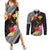 Aloha Hawaii Hibiscus and Plumeria Flowers Couples Matching Summer Maxi Dress and Long Sleeve Button Shirt Kanaka Maoli Tattoo Polynesian Pattern
