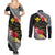 Aloha Hawaii Hibiscus and Plumeria Flowers Couples Matching Summer Maxi Dress and Long Sleeve Button Shirt Kanaka Maoli Tattoo Polynesian Pattern