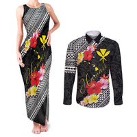Aloha Hawaii Hibiscus and Plumeria Flowers Couples Matching Tank Maxi Dress and Long Sleeve Button Shirt Kanaka Maoli Tattoo Polynesian Pattern