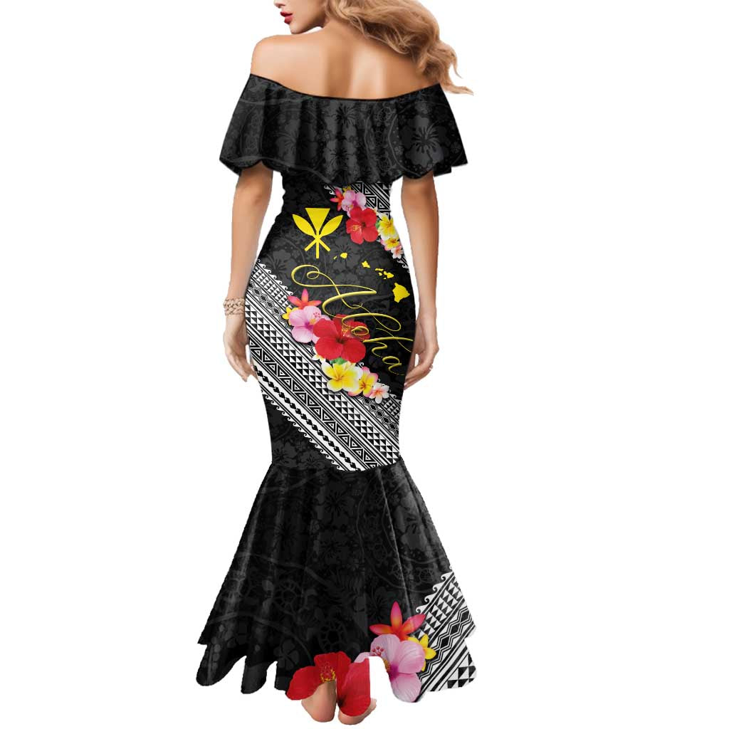 Aloha Hawaii Hibiscus and Plumeria Flowers Family Matching Mermaid Dress and Hawaiian Shirt Kanaka Maoli Tattoo Polynesian Pattern