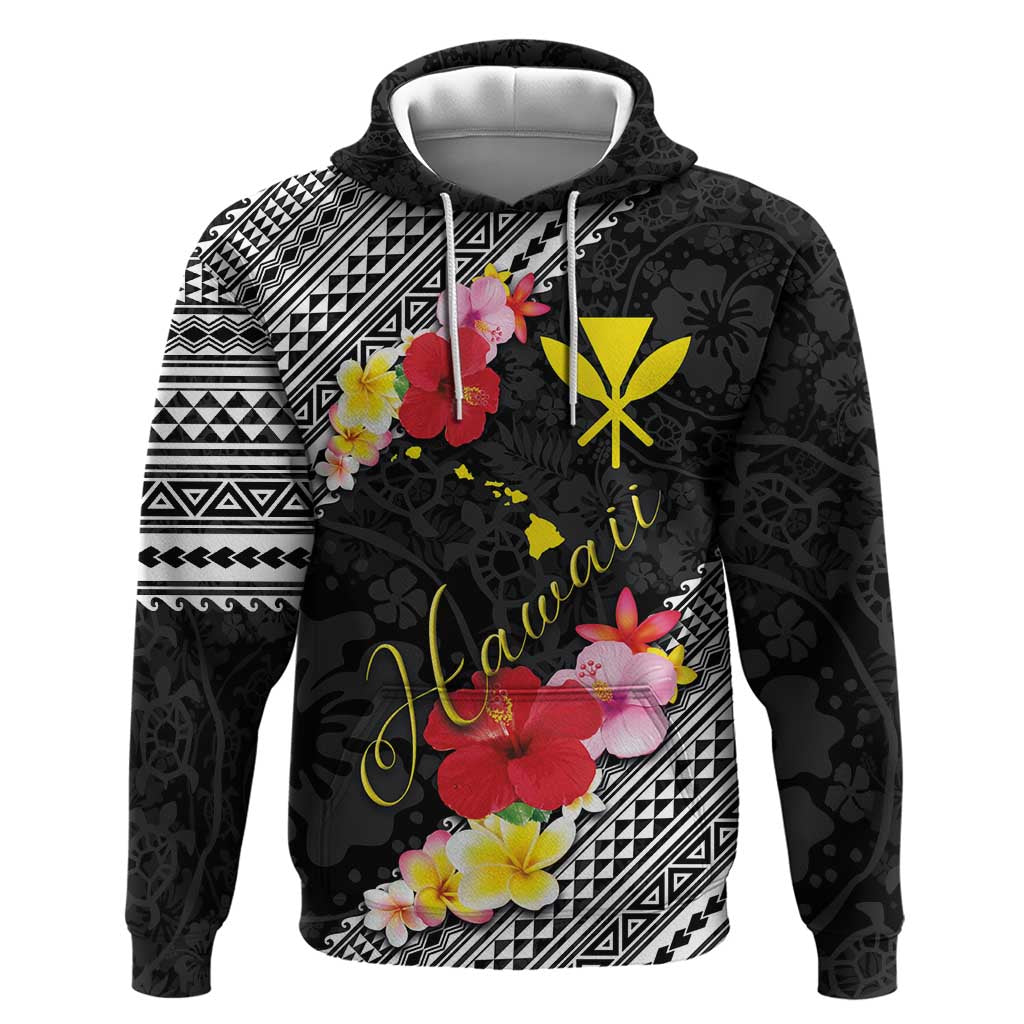 Aloha Hawaii Hibiscus and Plumeria Flowers Hoodie Kanaka Maoli Tattoo Polynesian Pattern