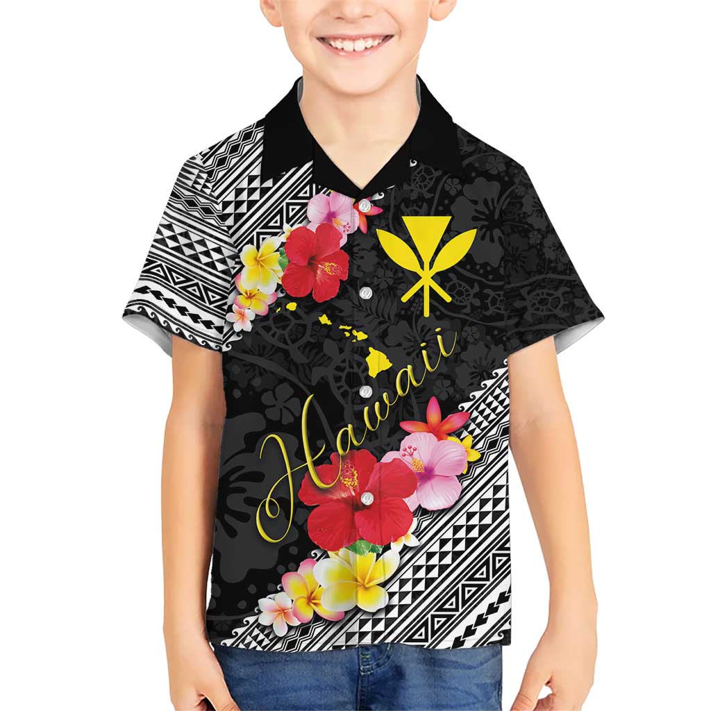 Aloha Hawaii Hibiscus and Plumeria Flowers Kid Hawaiian Shirt Kanaka Maoli Tattoo Polynesian Pattern
