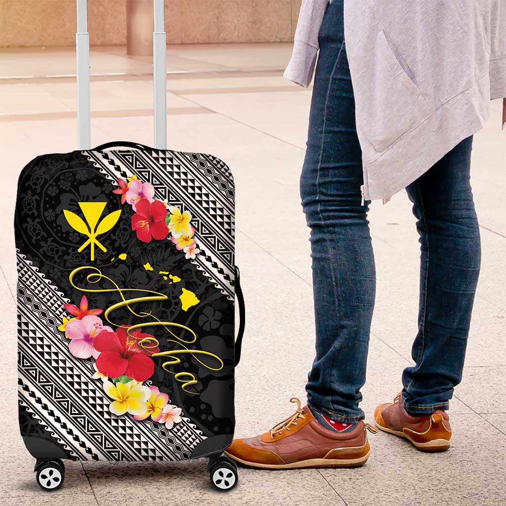 Aloha Hawaii Hibiscus and Plumeria Flowers Luggage Cover Kanaka Maoli Tattoo Polynesian Pattern