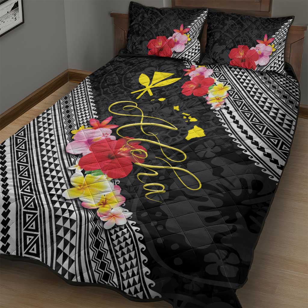 Aloha Hawaii Hibiscus and Plumeria Flowers Quilt Bed Set Kanaka Maoli Tattoo Polynesian Pattern