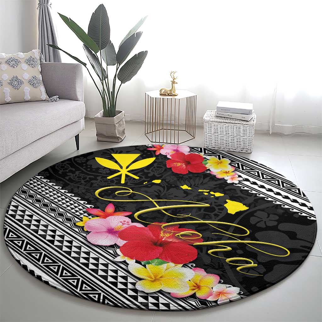 Aloha Hawaii Hibiscus and Plumeria Flowers Round Carpet Kanaka Maoli Tattoo Polynesian Pattern