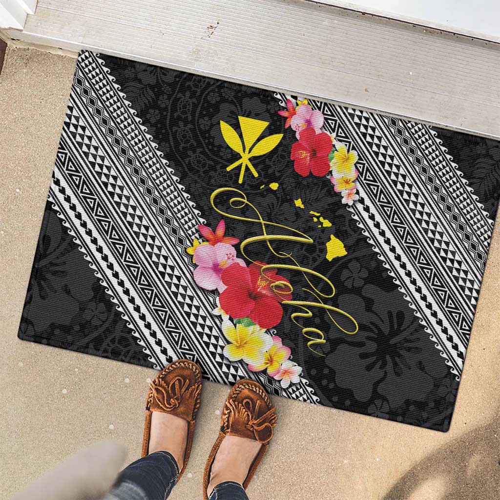 Aloha Hawaii Hibiscus and Plumeria Flowers Rubber Doormat Kanaka Maoli Tattoo Polynesian Pattern