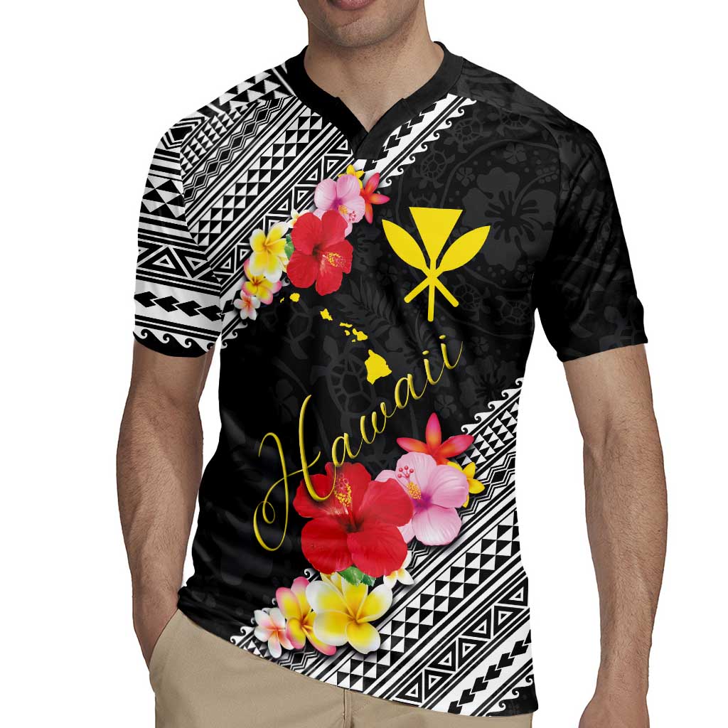 Aloha Hawaii Hibiscus and Plumeria Flowers Rugby Jersey Kanaka Maoli Tattoo Polynesian Pattern