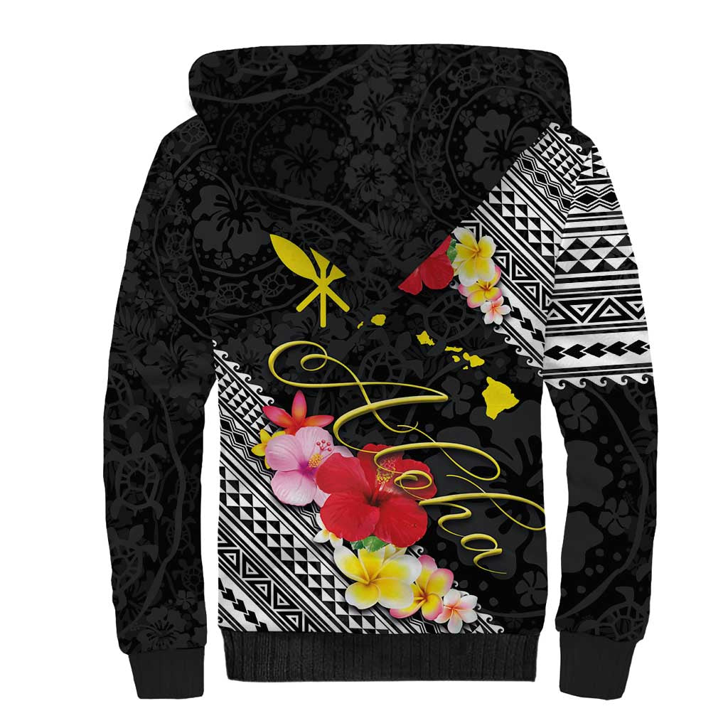 Aloha Hawaii Hibiscus and Plumeria Flowers Sherpa Hoodie Kanaka Maoli Tattoo Polynesian Pattern