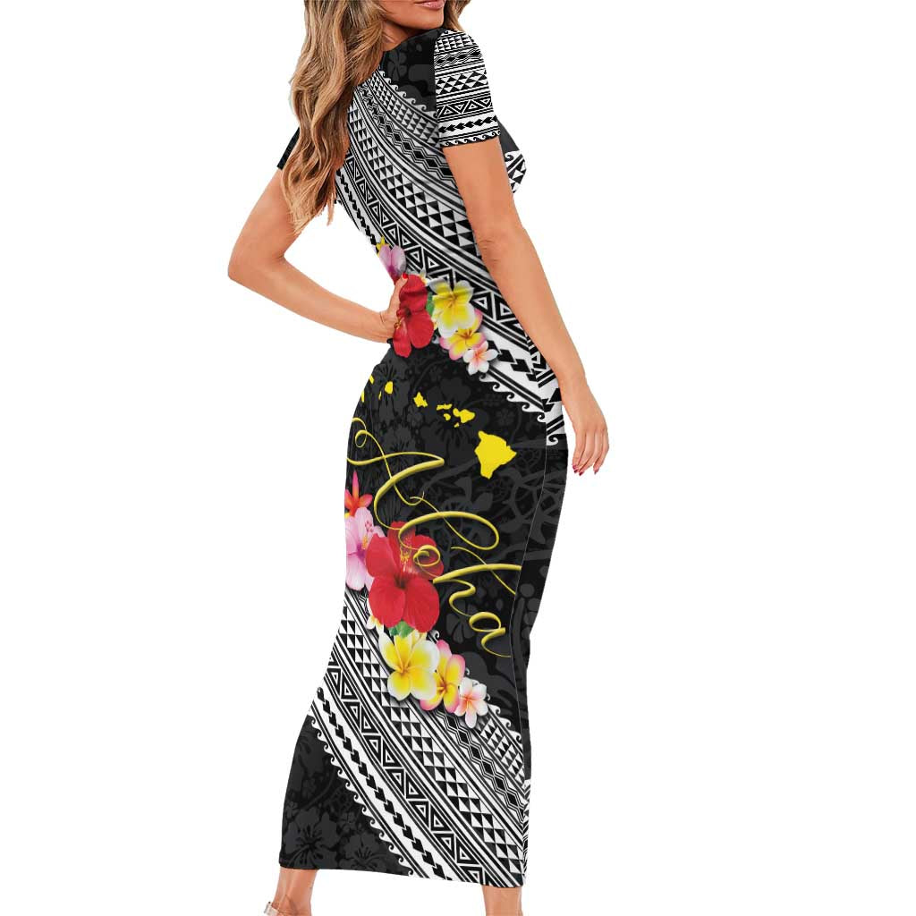 Aloha Hawaii Hibiscus and Plumeria Flowers Short Sleeve Bodycon Dress Kanaka Maoli Tattoo Polynesian Pattern