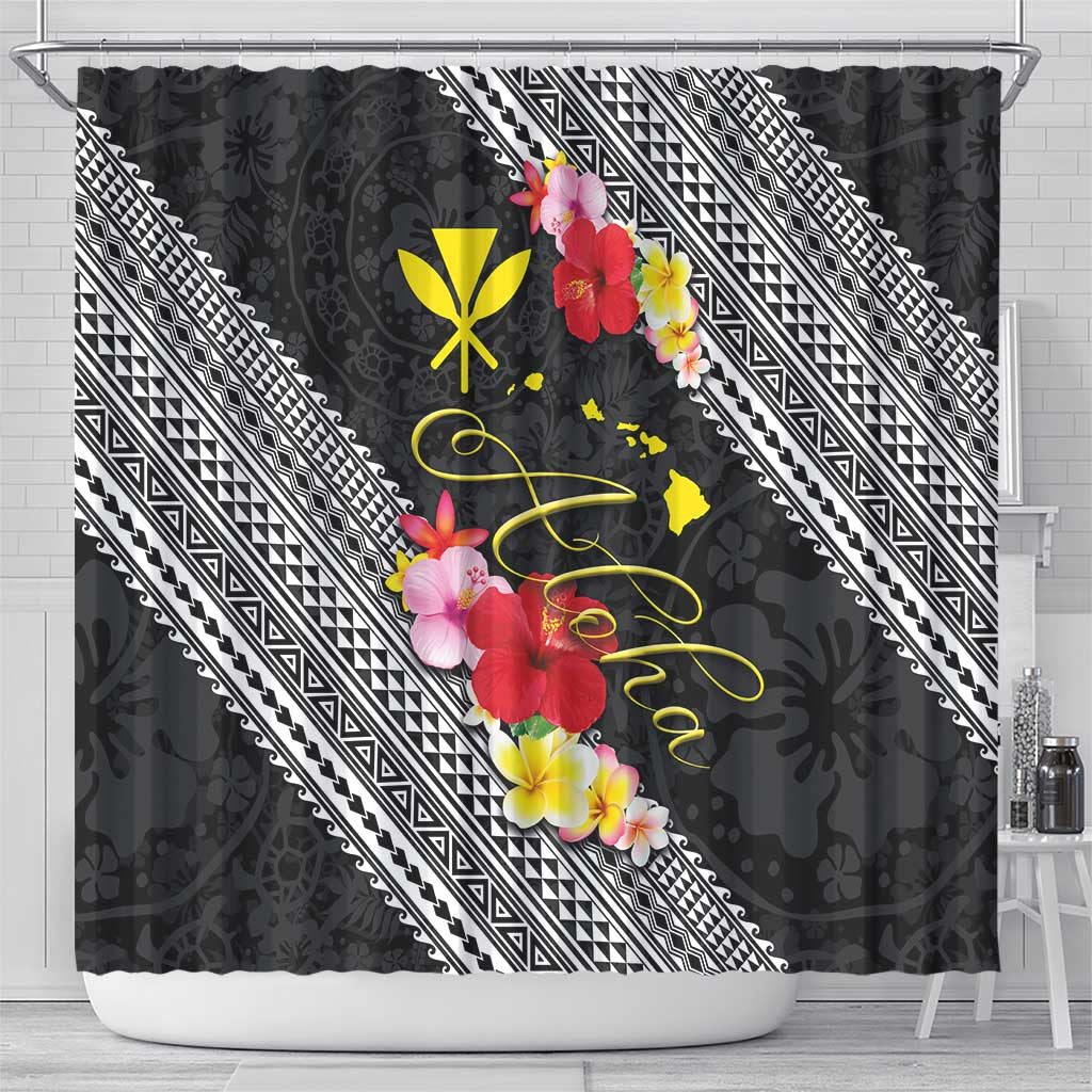Aloha Hawaii Hibiscus and Plumeria Flowers Shower Curtain Kanaka Maoli Tattoo Polynesian Pattern
