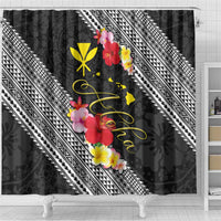 Aloha Hawaii Hibiscus and Plumeria Flowers Shower Curtain Kanaka Maoli Tattoo Polynesian Pattern
