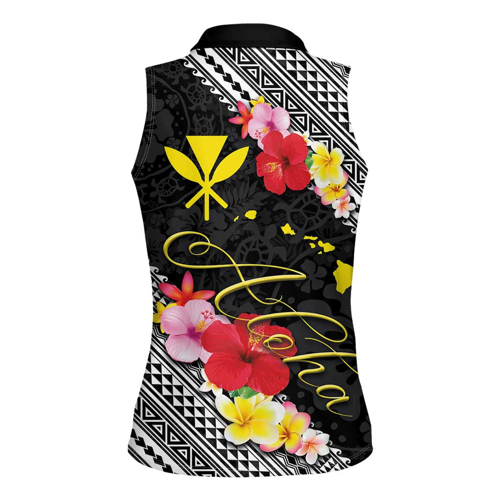 Aloha Hawaii Hibiscus and Plumeria Flowers Women Sleeveless Polo Shirt Kanaka Maoli Tattoo Polynesian Pattern