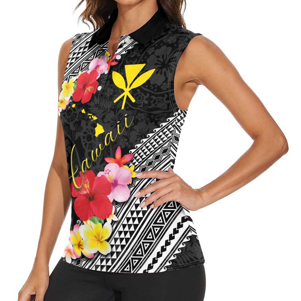 Aloha Hawaii Hibiscus and Plumeria Flowers Women Sleeveless Polo Shirt Kanaka Maoli Tattoo Polynesian Pattern
