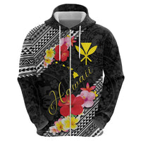 Aloha Hawaii Hibiscus and Plumeria Flowers Zip Hoodie Kanaka Maoli Tattoo Polynesian Pattern