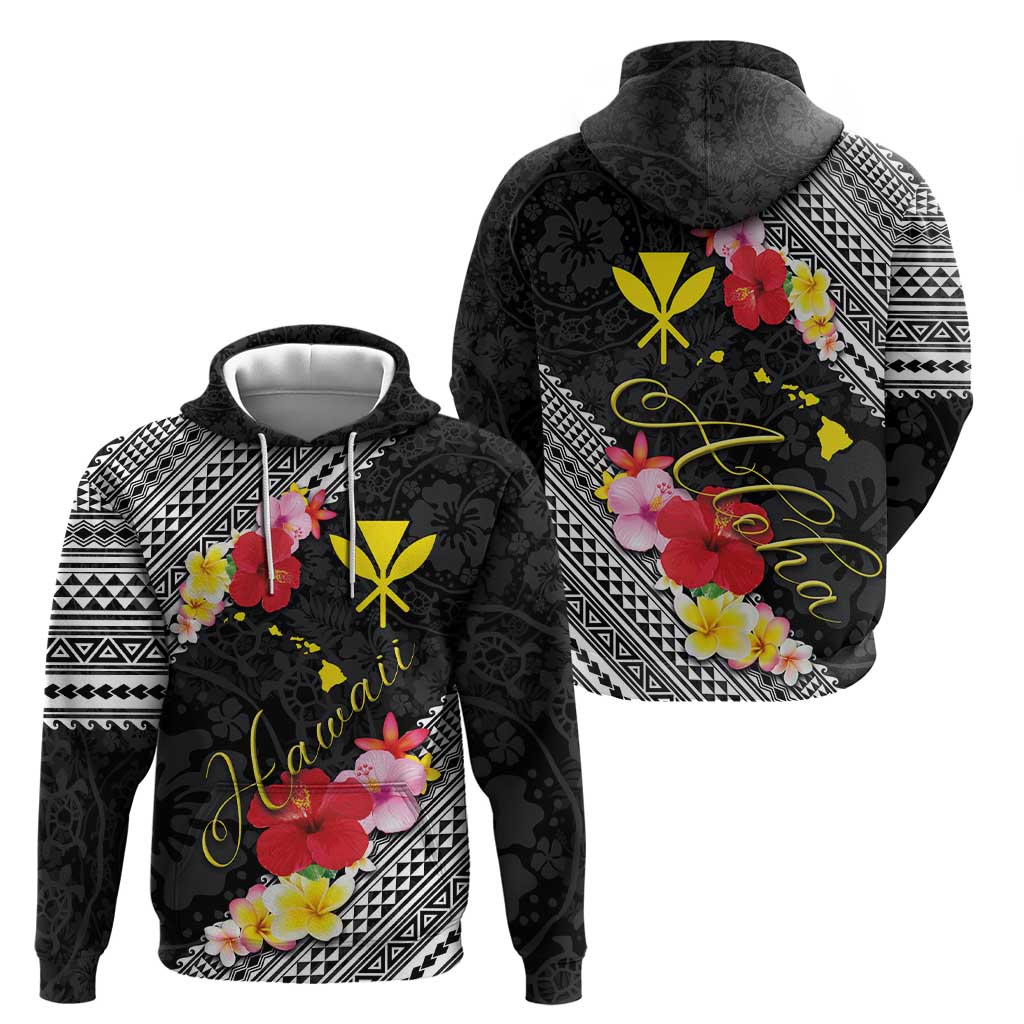 Aloha Hawaii Hibiscus and Plumeria Flowers Zip Hoodie Kanaka Maoli Tattoo Polynesian Pattern