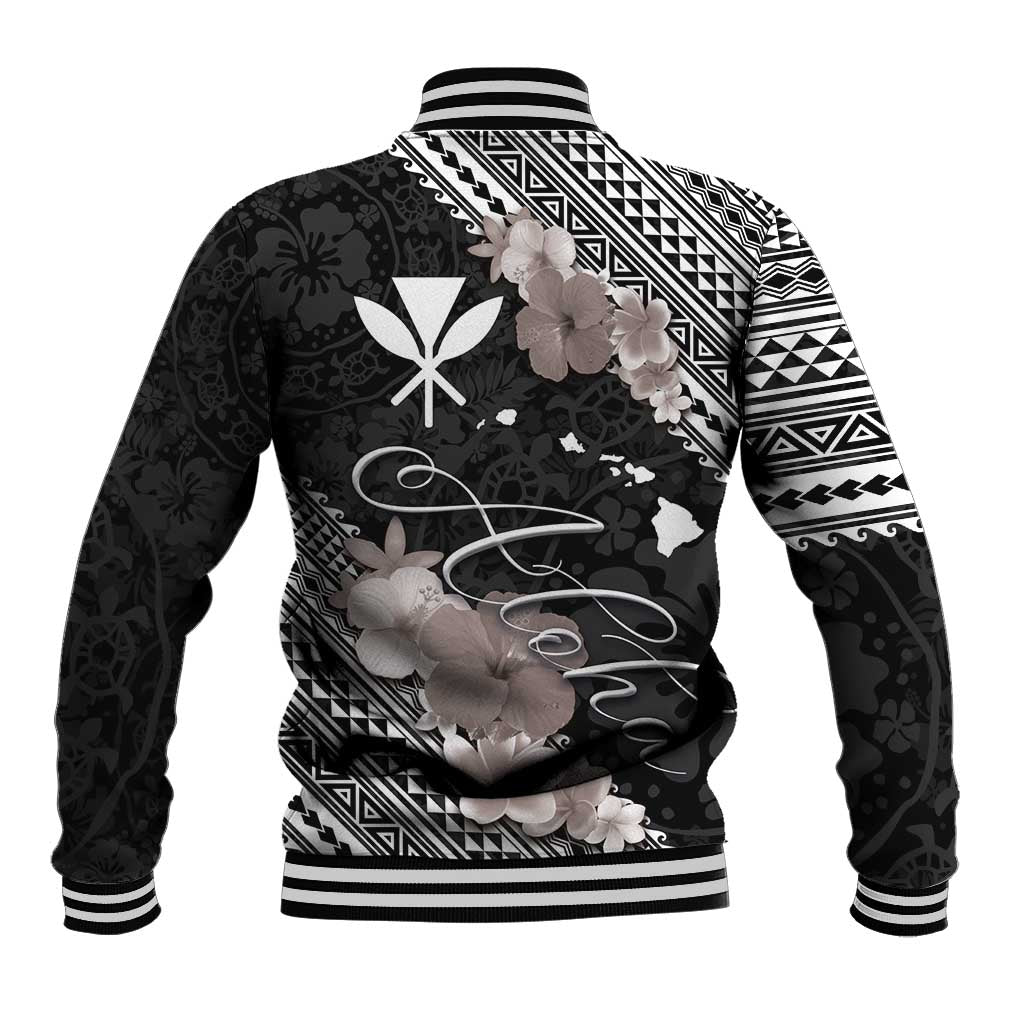 Aloha Hawaii Hibiscus and Plumeria Flowers Baseball Jacket Kanaka Maoli Tattoo Polynesian Pattern Gray Color